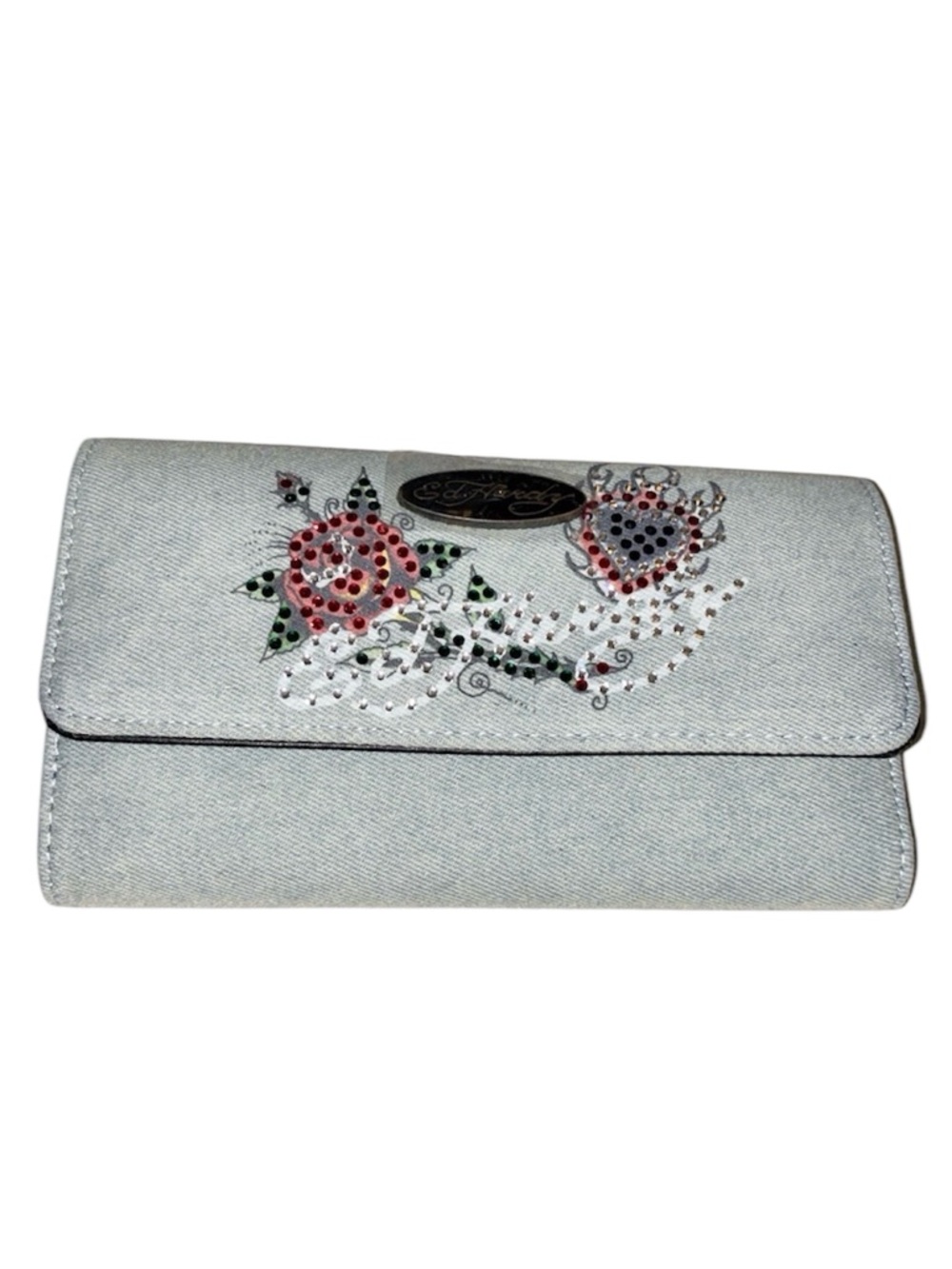 Ed Hardy Denim Snap Closing Bifold Wallet Black Burning Heart Flower Rhinestone